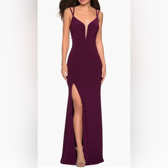 NEW La Femme Strappy Back Jersey Column Gown Size 0 in DarkBerry - Picture 3 of 9